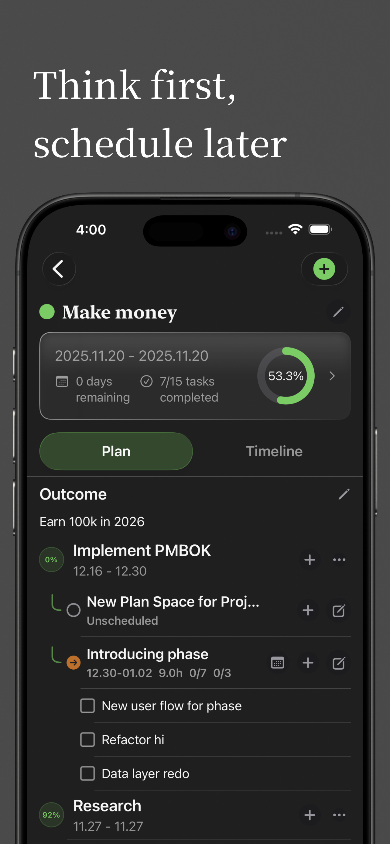 Project plan and milestones on iPhone